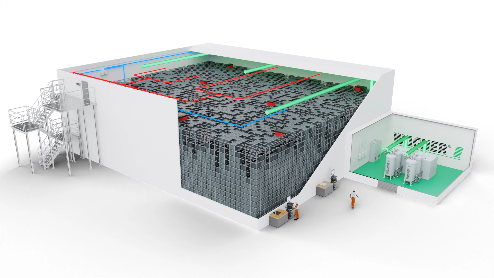 3D visualization of an robotic cube storage system with integrated Fire Protection 4.0 technology