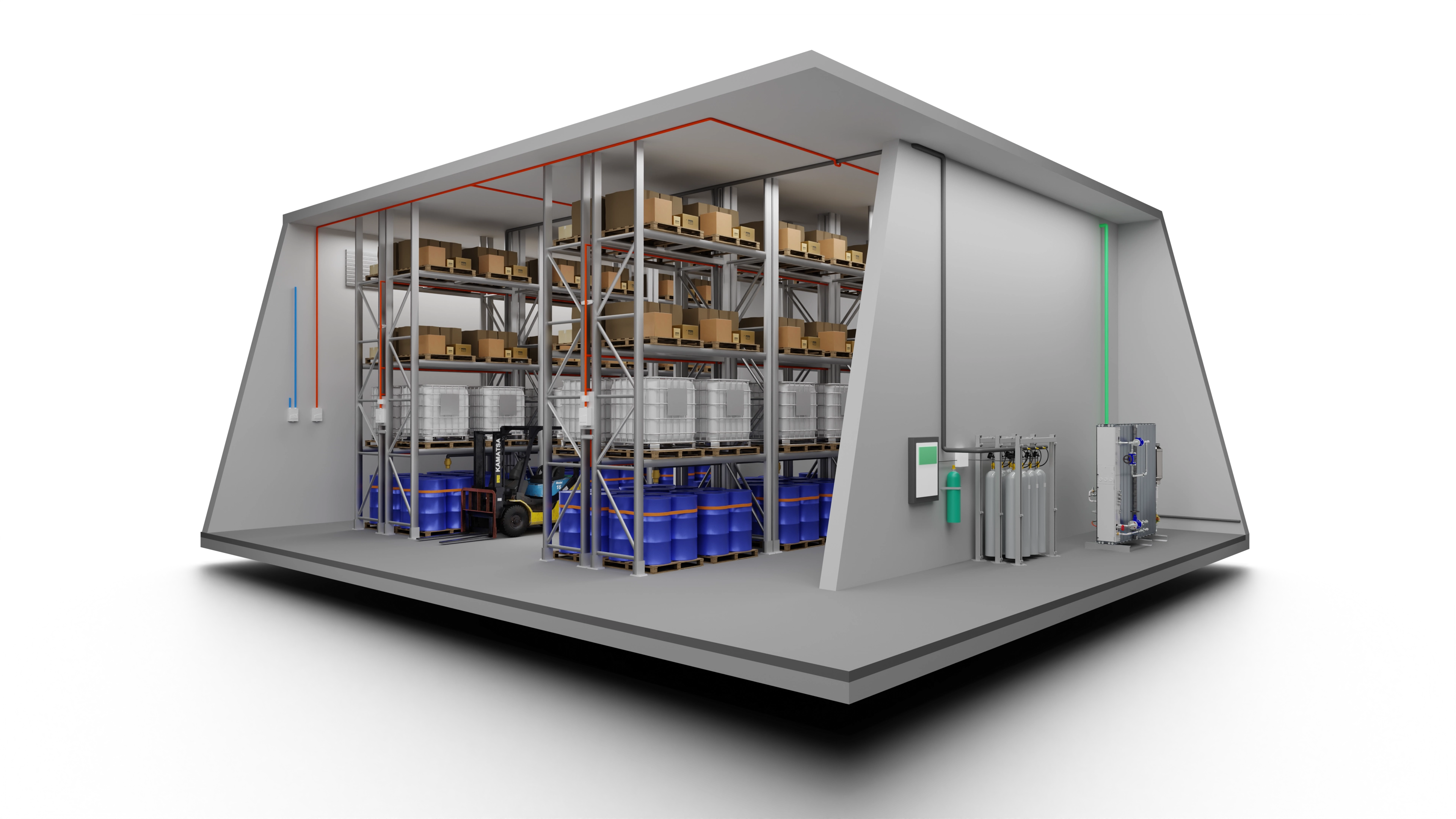 3D drawing of a high-bay warehouse equipped with a holistic fire protection solution from WAGNER
